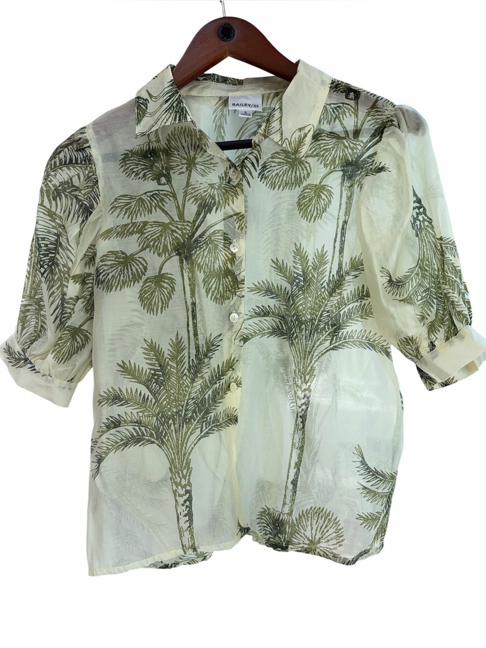 Bailey 44 Palm Print Sheer Button Up Blouse Tropical Resort Small